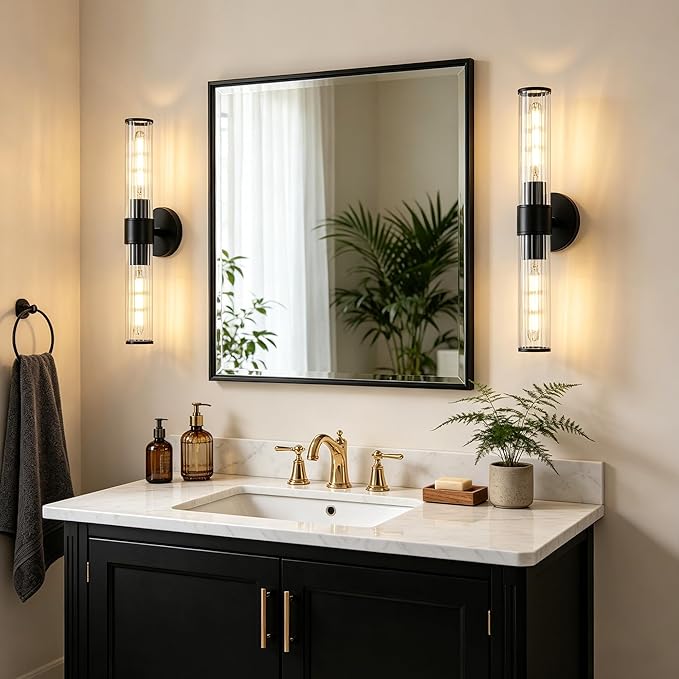 Bathroom Light Fixtures 2 Pack Hardwired, Black Wall Sconce Threaded Glass Vanity Light Featuring Two E26 sockets, Bathroom Wall Light Dimmable - Bulb Not Included, UL Certification