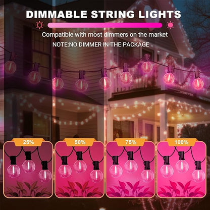 LAMPHOME Pink LED Outdoor String Lights, 26FT Patio Lights with 12+1 Shatterproof Edison Bulbs, UL Waterproof Connectable Dimmable Hanging Lights for Backyard Porch Garden Deck Balcony Decor