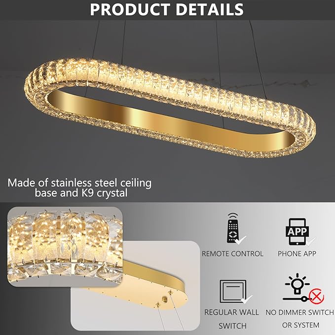 32'' Oval Ring Crystal Chandelier Modern LED Dimmable Ring Pendant Light Chandelier for Dining Room Living Room Gold