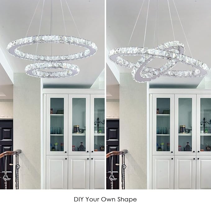 LED Modern Crystal Chandelier 19.7 x 11.8 inches Ceiling Pendant Light 2 Rings Adjustable Stainless Steel Lighting Fixtures Dining Room Living Room (White)
