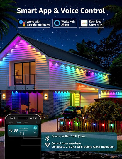 Lepro EE1 AI Permanent Outdoor Lights with Dual-Output, 50ft 30 LED RGB+IC Smart Outside Light for House Christmas Decor,Alexa Google Enabled 2.4 GHz WiFi/Bluetooth, APP Control No Remote Controller