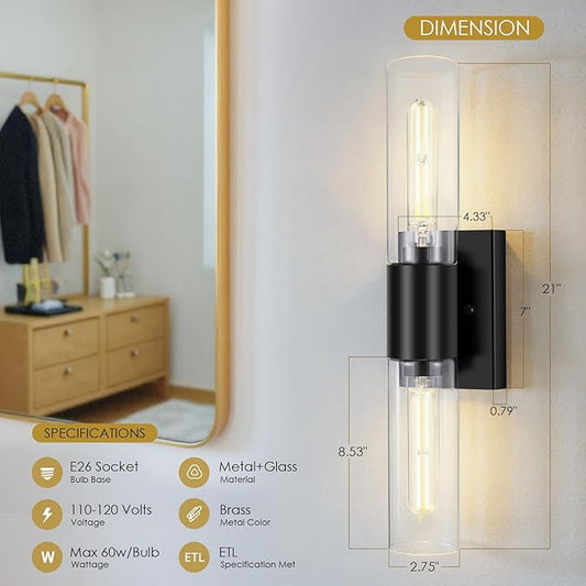 Wall Sconces Set of Two, Black Bathroom Sconces Wall Lighting with Clear Glass Modern Sconces Wall Light Set of 2 Bathroom Light Fixtures Vanity Light for Living Room Bedroom Washroom Hallway