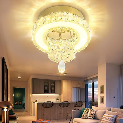 Flashing God 12" Modern Crystal Chandeliers Flush Mount Ceiling Light Gold Chandelier for Hallway LED Dimmable Light Fixture for Dining Room Living Room Bedroom