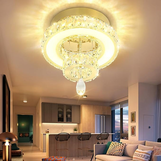 Flashing God 12" Modern Crystal Chandeliers Flush Mount Ceiling Light Gold Chandelier for Hallway LED Dimmable Light Fixture for Dining Room Living Room Bedroom