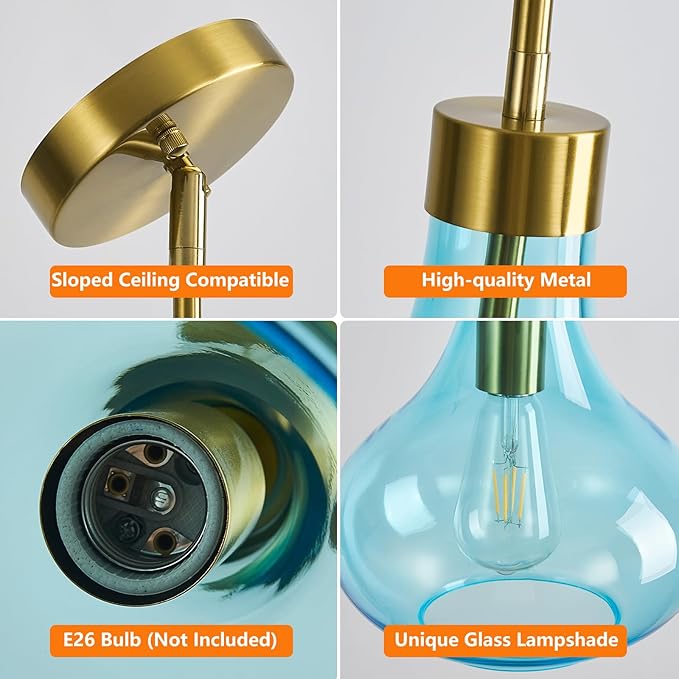 Modern Glass Pendant Light 9.44 in Light Blue Glass Shade Gold Farmhouse Island Pendant Lights for Kitchen Pendant Lighting Over Sink Bedroom Dining Room