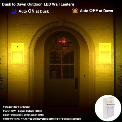 LIT-PaTH Outdoor LED Wall Lantern, Dusk to Dawn Wall Sconce for Porch Lighting Fixture 3000K, 12W 1000 Lumens, Aluminum Housing Plus PC, White Finish,1-Pack,