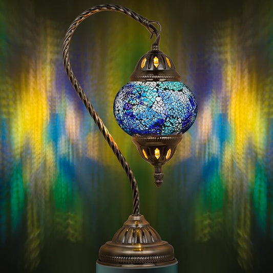 Marrakech Vintage Morrocan Lamp with Tiffany Style, Handmade Turkish Table Lamp with Swan Neck Bronze Base Including LED Bulb for Living Room Bedroom Decor (Shard Blue)