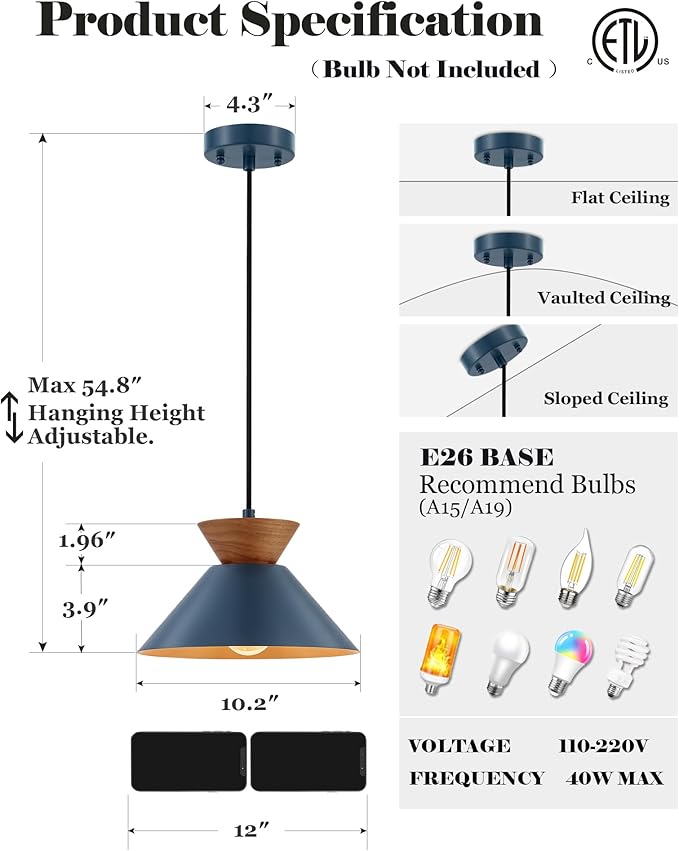 ELYONA 10 Inch Modern Pendant Light Fixture Farmhouse Solid Wood Hanging Lamp with Navy Blue Metal Shade & Gold Inner Finish Adjustable Pendant Light for Kitchen Island Dining Room Bedroom Modern Blue