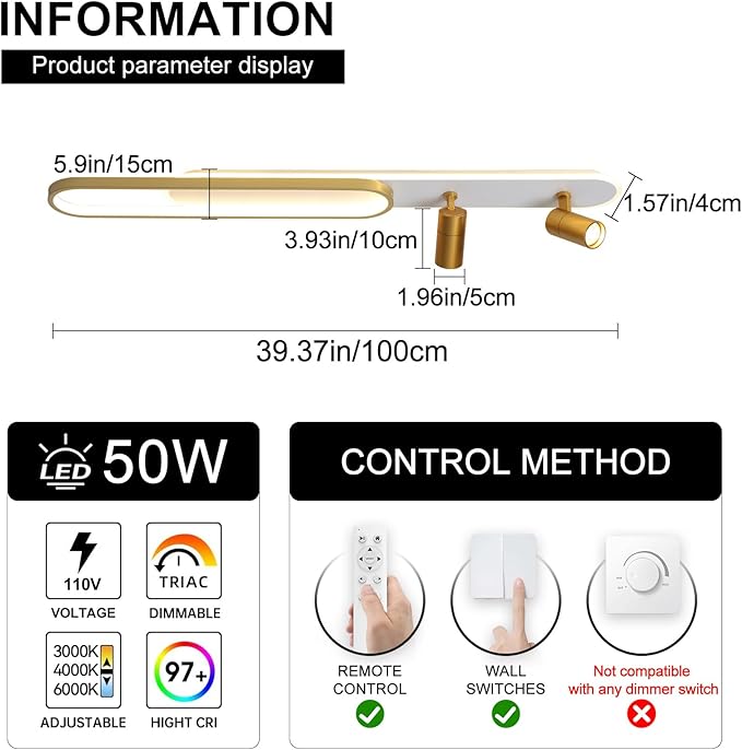 Modern LED Ceiling Light with 2 Spotlights 39.3in Linear Ceiling Light 50w with Remote Control Dimmable(3000-6000k) Gold Long Ceiling lamp for Bedroom Kitchen Restaurant Laundry Room Office