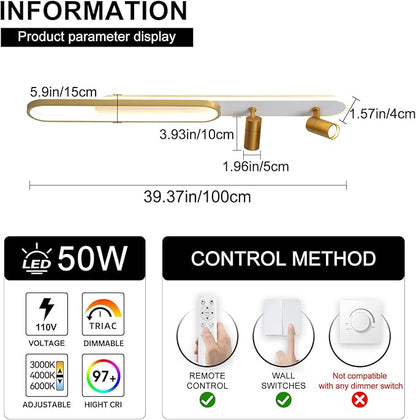 Modern LED Ceiling Light with 2 Spotlights 39.3in Linear Ceiling Light 50w with Remote Control Dimmable(3000-6000k) Gold Long Ceiling lamp for Bedroom Kitchen Restaurant Laundry Room Office