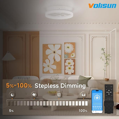 VOLISUN Low Profile Ceiling Fans with Lights and Remote, 23.6in Fandelier Ceiling Fan with Light, 3000K-6500K Dimmable Bladeless LED Fan Light, White Flush Mount Ceiling Fans with Lights for Bedroom
