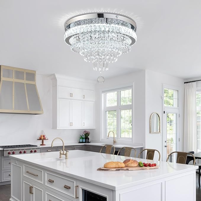 FRIXCHUR 19.7" Crystal Chandeliers Crystal Ceiling Light Fixtures Modern Flush Mount Light LED Chandelier Lamp for Living Room Bedroom Dining Room 6500K Cool White