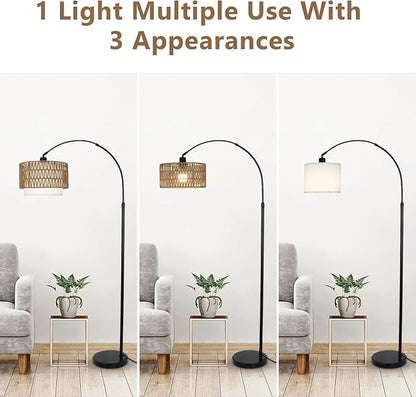 eyassi Arc Floor Lamp with Remote, Modern LED Floor Lamp with Dimmable Bulb, Boho Farmhouse Standing lamp with Fabric & Rattan Lampshades, Height Adjustable Black Tall Lamp for Living Room Bedroom
