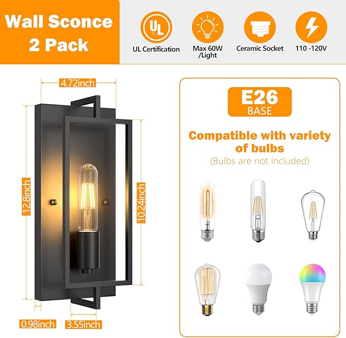 FadimiKoo Farmhouse Black Wall Sconces, Vintage Wall Sconces Lighting Set of 2, Indoor Rustic Hardwired Wall Decor for Living Room Bedroom Hallway