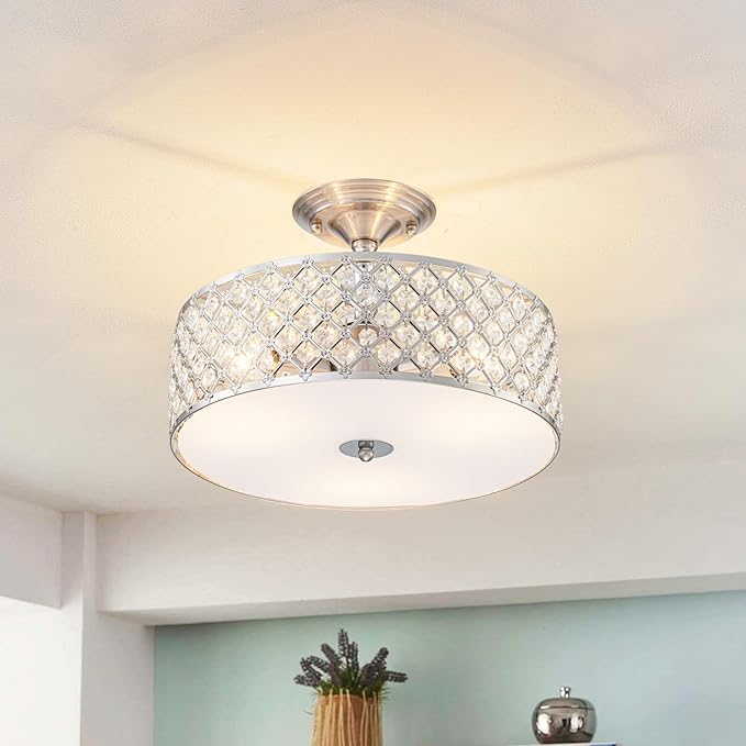3-Light Brushed Nickel Semi Flush Mount Ceiling Light Fixture,Modern Drum Crystal Metal Acrylic Round Close to Ceiling Light