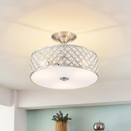3-Light Brushed Nickel Semi Flush Mount Ceiling Light Fixture,Modern Drum Crystal Metal Acrylic Round Close to Ceiling Light