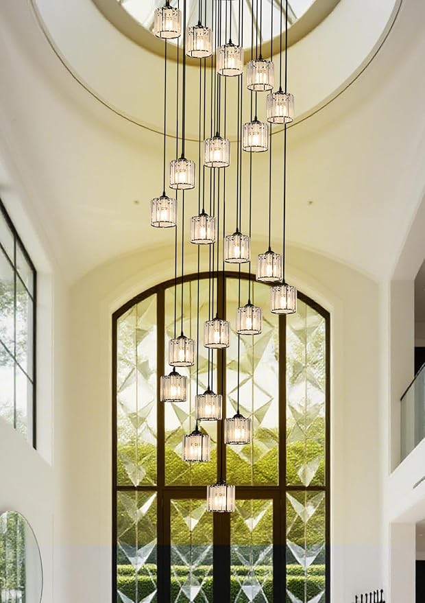 Long Chandeliers for High Ceilings,Modern Crystal Pendant Light,Raindrop Drop Lamp,Hanging Flush Mount Lighting Fixtures for Spiral Staircase,Foyer,Entryway,Living Room,Black (21 Lights)