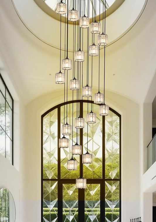 Long Chandeliers for High Ceilings,Modern Crystal Pendant Light,Raindrop Drop Lamp,Hanging Flush Mount Lighting Fixtures for Spiral Staircase,Foyer,Entryway,Living Room,Black (21 Lights)