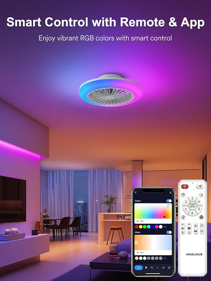 ANGELHALO Bladeless Ceiling Fan with Light,18 Inch Low Profile RGB Ceiling Fan with 2800 Lumens, Flush Mount Small Ceiling Fan for 6 Speed Quiet DC Motor for Kids Bedroom, Remote & App Control