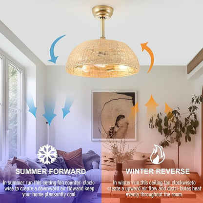 19.3" Rattan Caged Ceiling Fan with Lights 4-Lights Boho Flush Mount Bamboo Fandelier with Remote Reversible Farmhouse Wicker Fan Chandelier for Bedroom Living Room Dining Room Entryway