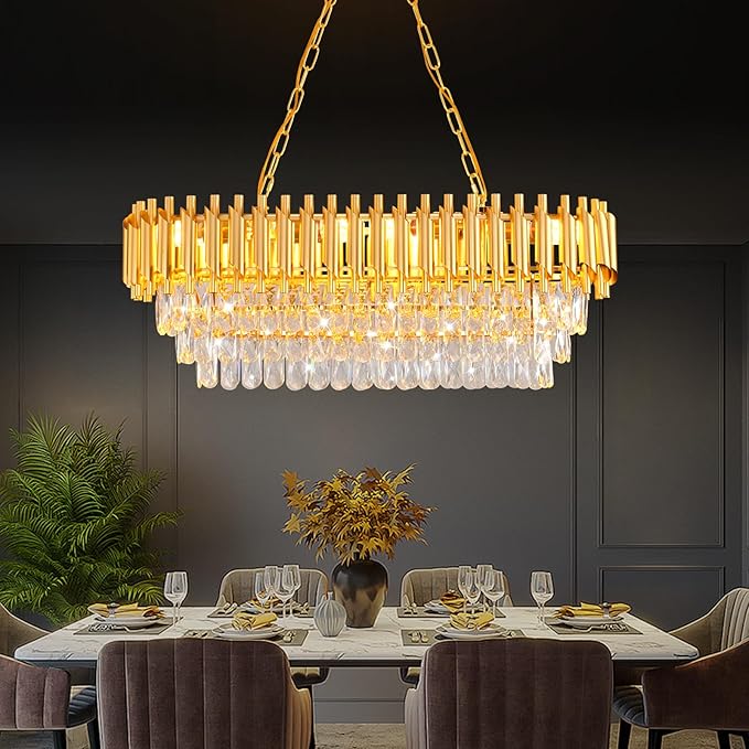 Modern Crystal Chandeliers for Dining Room 8-Light Gold Crystal Chandelier Living Room Oval Contemporary Ceiling Hanging Light Pendant Light Fixture for Kitchen Island Bar Restaurant L32