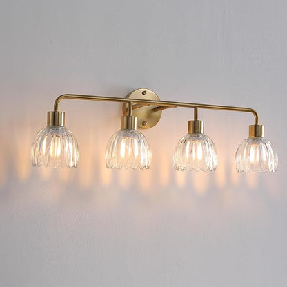 4-Light Gold Brass Bathroom Light Fixture with Clear Tulip Glass Shade,Wall Sconces,Vintage Vanlity Light Over Mirror,Bathroom Wall Light,E26 Socket(Bulbs Not Included) ASIN B0FVG