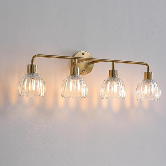 4-Light Gold Brass Bathroom Light Fixture with Clear Tulip Glass Shade,Wall Sconces,Vintage Vanlity Light Over Mirror,Bathroom Wall Light,E26 Socket(Bulbs Not Included) ASIN B0FVG