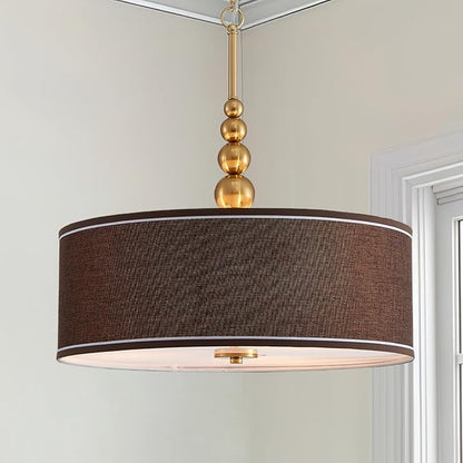 Shrine Lighting Drum Chandeliers, Farmhouse Style, Perfect Drum Pendant Light for Dining Room, D20'' x H7'', Adjustable Chains 59'', E26*3 Sockets, Brown Linen Fabric Lampshade & Gold Rod