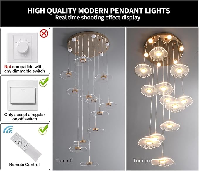 GEADI High Ceiling Chandelier,Petal Dimmable Modern LED Pendant Light with Remote Control,12-Light Height Adjustable Foyer Chandelier,Suitable for Staircase,Living Room,Entryway（Gold ）