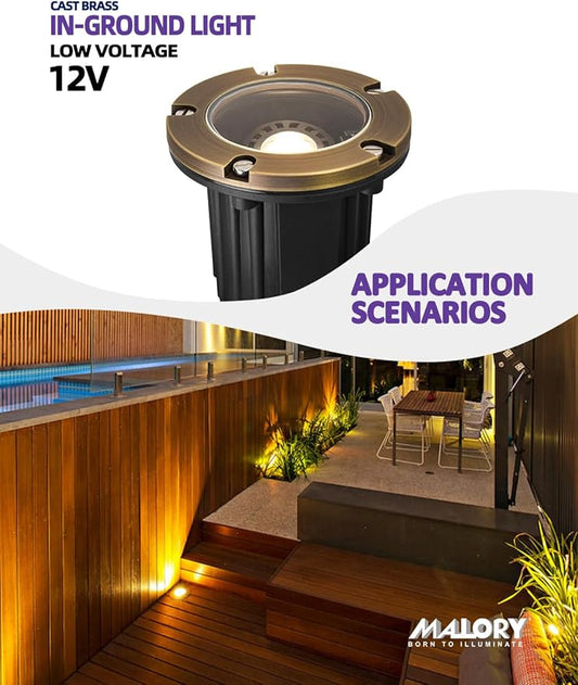 MALORY Brass Top Cover Landscape Well Lights, (4.6''H) 12V Low Voltage Outdoor In Ground Lights,Landscape Lighting for Pathway, Driveway and Garden 4-Pack with MR16 Bulb (Flat Top)
