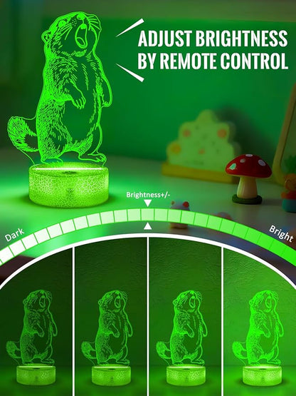 Lampeez Groundhog 3D Night Light for Kids, LED 16 Colors Remote Control Changing Touch Dimmable Table Desk Lamp, Cute Animal Gifts for Groundhog Lovers Animal Fans