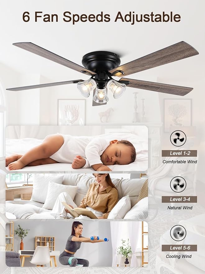 60" Flush Mount Vintage Ceiling Fan with Lights and Remote, Farmhouse Rustic Ceiling Fan Low Profile Antique Fandelier Chandelier for Bedroom Living Room, 3 E26 Lights (Bulbs Not Included)