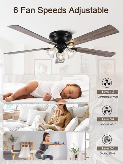 60" Flush Mount Vintage Ceiling Fan with Lights and Remote, Farmhouse Rustic Ceiling Fan Low Profile Antique Fandelier Chandelier for Bedroom Living Room, 3 E26 Lights (Bulbs Not Included)