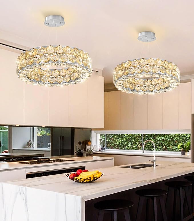 Crystal Chandeliers Modern Rings Pendant Light LED Dimmable Ceiling Light for Bedroom Dinning Room Kitchen Silver