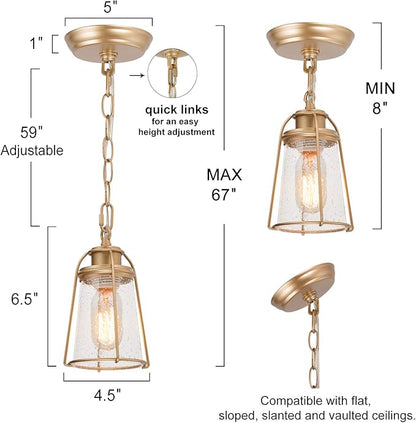 KSANA Gold Pendant Lighting, Mini Modern Hanging Light Fixture with Seeded Glass Shade for Kitchen Island, Foyer, Hallway, Bedroom and Entryway