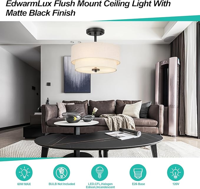 Edwarmlux 3-Light Semi Flush Mount Ceiling Light Fixture, 12.6" Black Drum Light with White Fabric Shade,Modern Close to Ceiling Light for Living Room Bedroom Dining Room Kitchen Hallway Entry Foyer