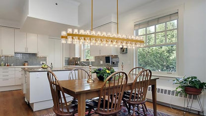54 Inch Gold Crystal Linear Chandelier, Modern Large Rectangle 60-Lights Pendant Lighting Fixture Adjustable Height, for High Ceilings Kitchen Island, Over Table Dining Room
