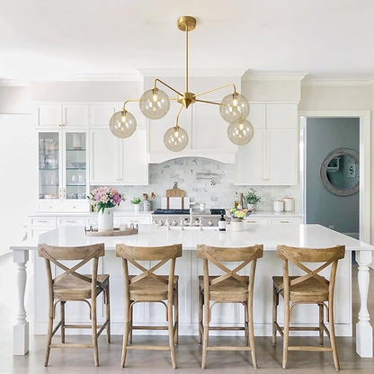 Mid Century Modern Sputnik Chandelier Brass Gold Chandelier Cognac Clear Glass Globe Sputnik Chandelier for Kitchen Dining Room Bedroom