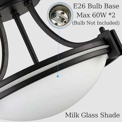 Matte Black Semi Flush Mount Ceiling Light Modern Farmhouse 2-Light Milk Glass Ceiling Light Fixture for Hallway Bedroom Kitchen, 12-Inch