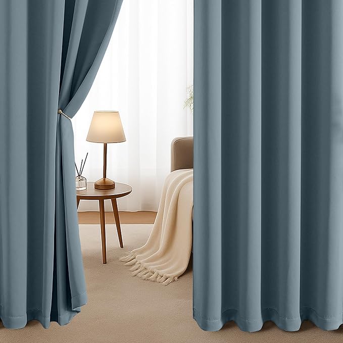 Simplebrand Stone Blue Curtains for Bedroom Living Room 90 Inches Long 2 Panels Set, Room Darkening Thermal Insulated Curtains & Drapes, Solid Grommet Noise Reducing Window Treatment, W50 x L90 Inch