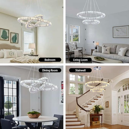 LED Modern Crystal Chandelier 19.7 x 11.8 inches Ceiling Pendant Light 2 Rings Adjustable Stainless Steel Lighting Fixtures Dining Room Living Room (White)