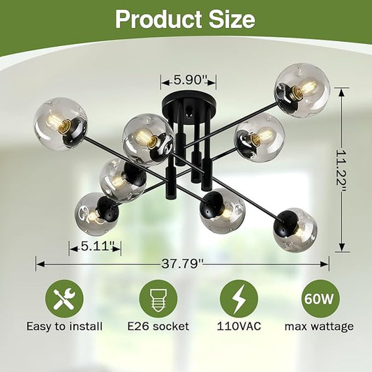8 Light Glass Globe Ceiling Light Black Mid Century Flush Mount Sputnik Light Fixture Bubble Chandelier Living Room Farmhouse for Dining Room Kitchen Bedroom.