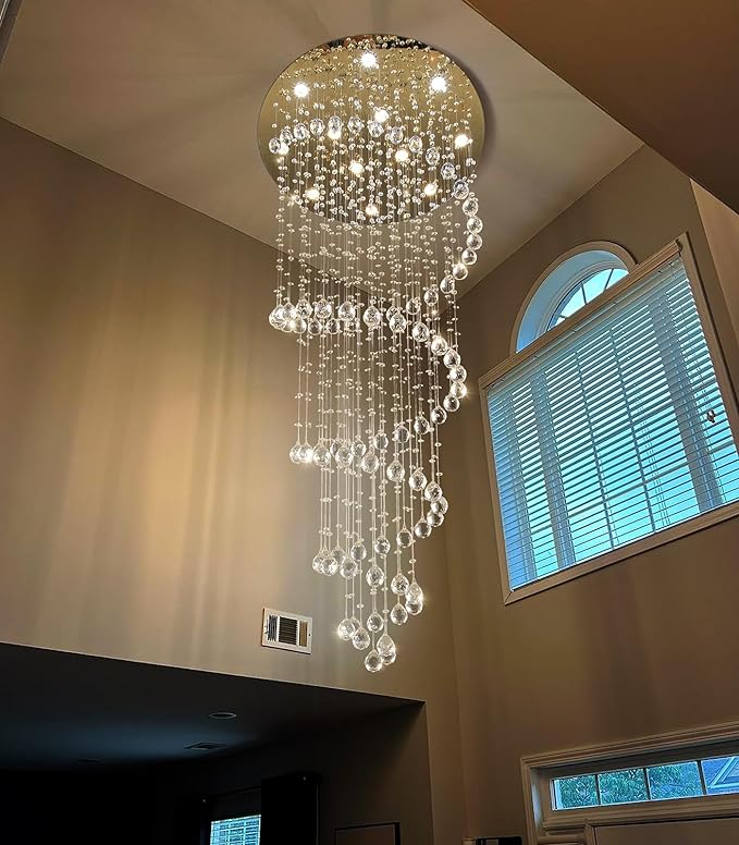 HAIXIANG LED High Ceiling Chandelier Crystal Chandeliers Light Fixtures with Dimmable Light Bulbs Gold Living Room Foyer Chandelier Modern Pendants Lights for Entryway Staircase Silver