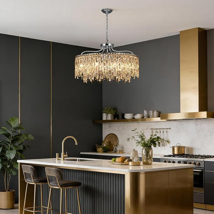10 Lights Chrome Crystal Chandeliers for Dining Room Light Fixture | D28 Modern Round Crystal Chandelier Over Table | Hanging Lighting for Living Room Kitchen Island Bedroom Bathroom