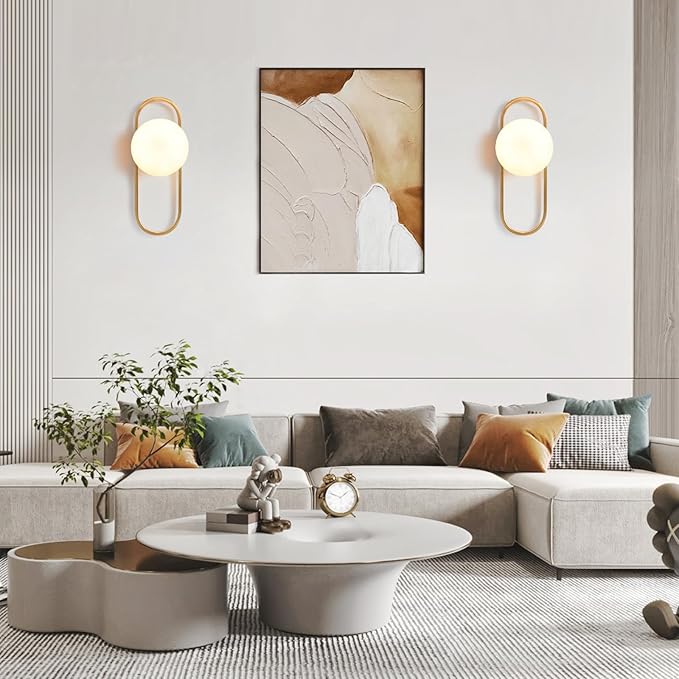 Bektas Gold Wall Lamp Sconces Set of 2 with White Globe Glass Shade - Living Room & Bedroom Wall Lights ETL Listed