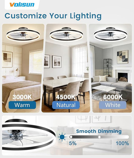 VOLISUN Low Profile Ceiling Fans with Lights and Remote, 27.6in Flush Mount Ceiling Fans with Light, 3000K-6500K Dimmable Fandelier LED Fan Light, Black Bladeless Ceiling Fans with Lights for Bedroom