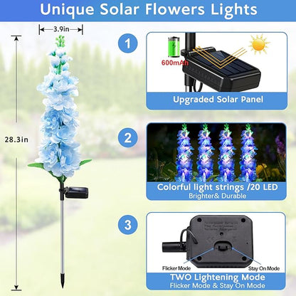 MRHEPHAESTUS Solar Garden Lights, Solar Blue Delphinium Flowers Lights 4 Pack 80 LEDs, Waterproof Outdoor Light Two Lighting Modes for Outside Wedding Party Garden Yard Patio Lawn Decor