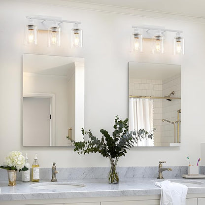 3 Light White Bathroom Light Fixtures Vanity Light Over Mirror Modern Wall Lighting Sconces Rustic Industrial Wall Lamp for Bathroom, Bedroom, Living Room E26 Socket with Glass Shade