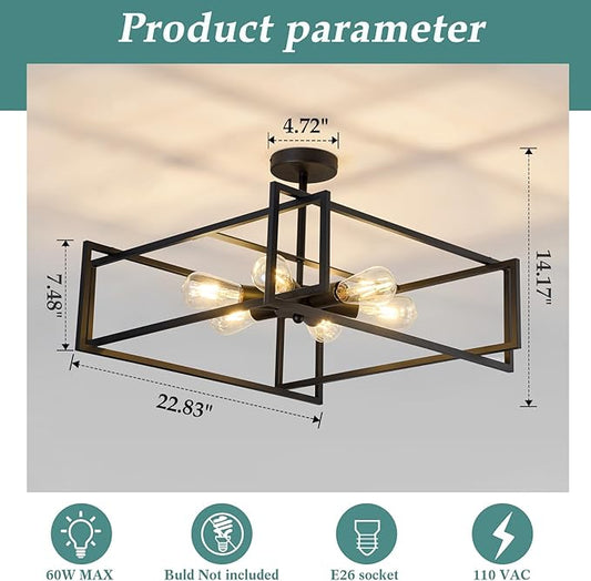 ZGLAOJT 6-Lights Close to Ceiling Light 22.83 Inch Black Light Fixture Industrial Flush Mount Ceiling Large Farmhouse Chandelier Lighting for Kitchen Island Dining Room Bedroom Foyer Hallway