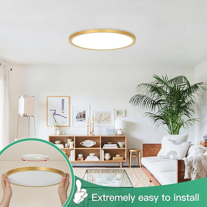 Brightever Gold LED Flush Mount Ceiling Light Fixture, 12 Inch 24W, Super Slim 0.67 Inch 3200LM LED Ceiling Lights, Dimmable & 2700K-6500K 5 Color in One Ceiling Lamp for Bedroom, Porch, 2 Packs